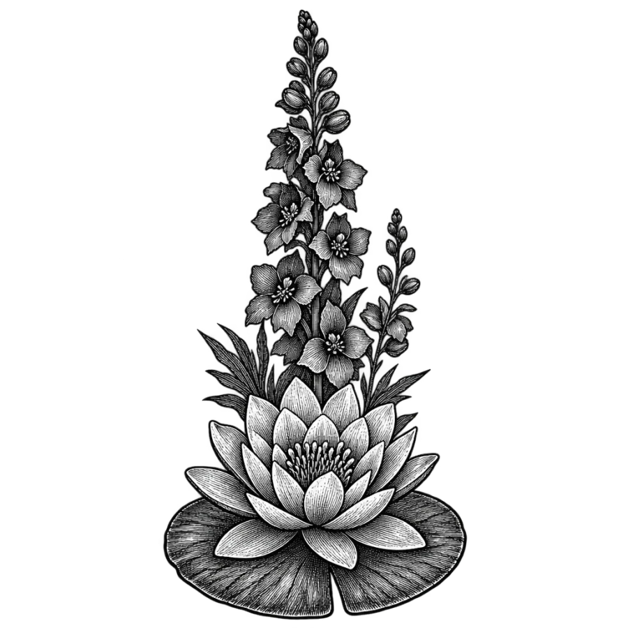 Engraved tattoo of larkspur rising behind a water lily on a pad