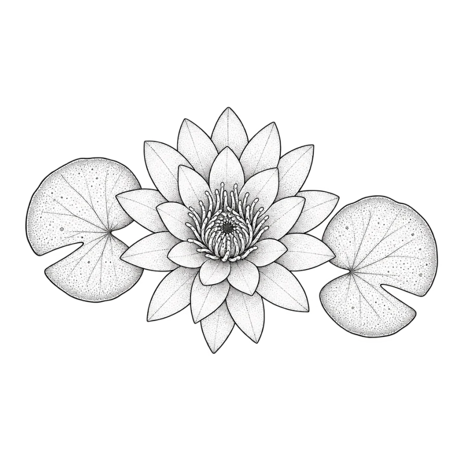 Fine line tattoo of a water lily from above with two lily pads
