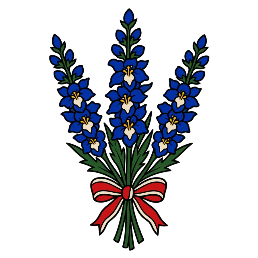 American traditional tattoo of three larkspur stems tied with a ribbon