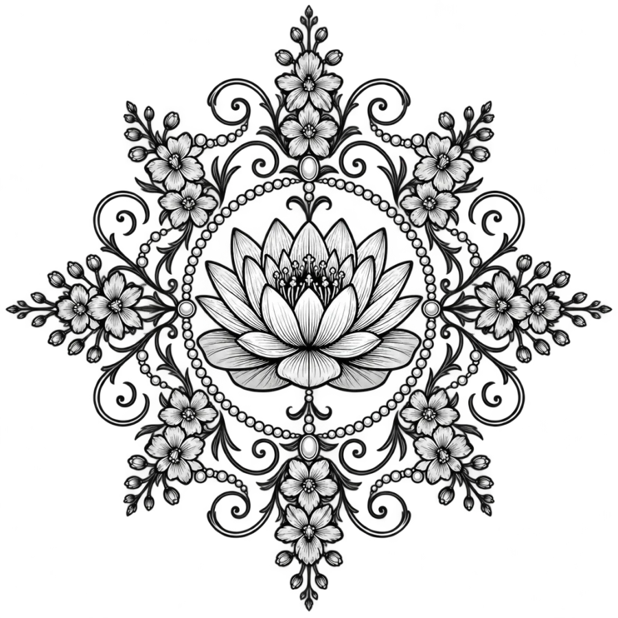 Filigree tattoo medallion of a water lily ringed with larkspur florets