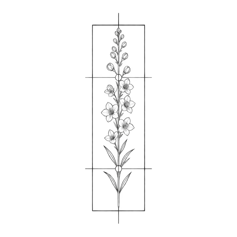Geometric linework tattoo of larkspur inside a tall open rectangle