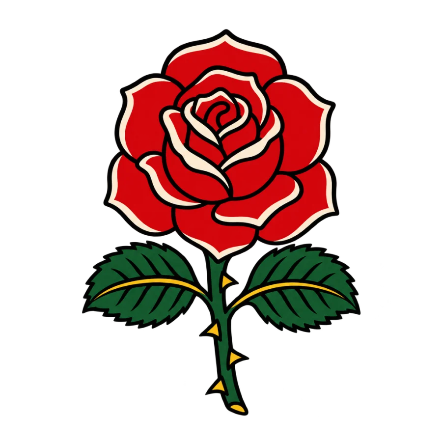 American traditional tattoo of a rose in full bloom with leaves