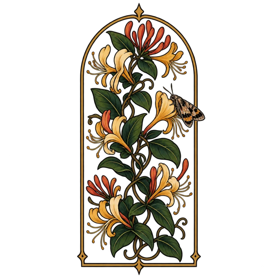 Neo traditional tattoo of honeysuckle climbing an arch with a moth
