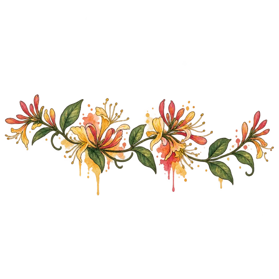 Watercolor tattoo of a trailing honeysuckle stem in full bloom