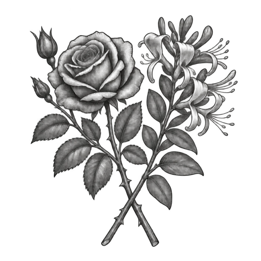 Engraved botanical tattoo design of a rose and honeysuckle crossed at the stems