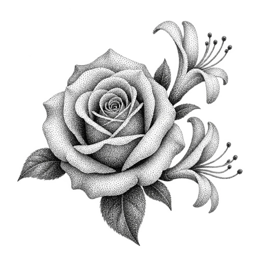 Dotwork stippled June birth flower tattoo design of a rose and honeysuckle