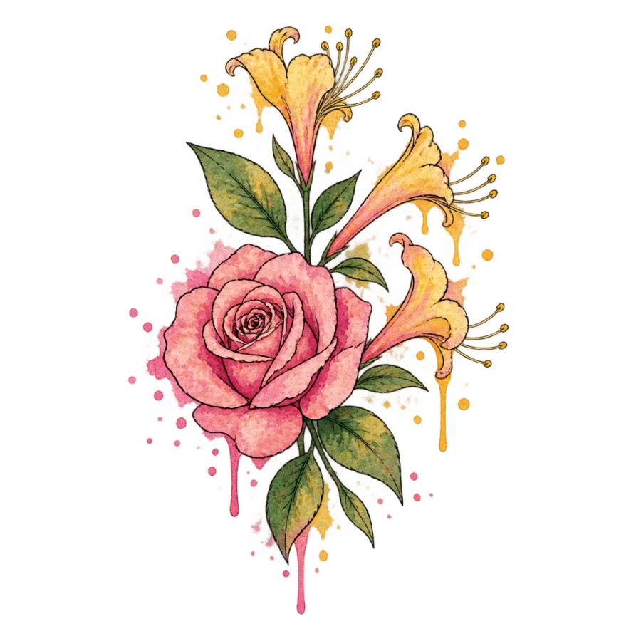 Watercolor June birth flower tattoo design of a rose and honeysuckle posy