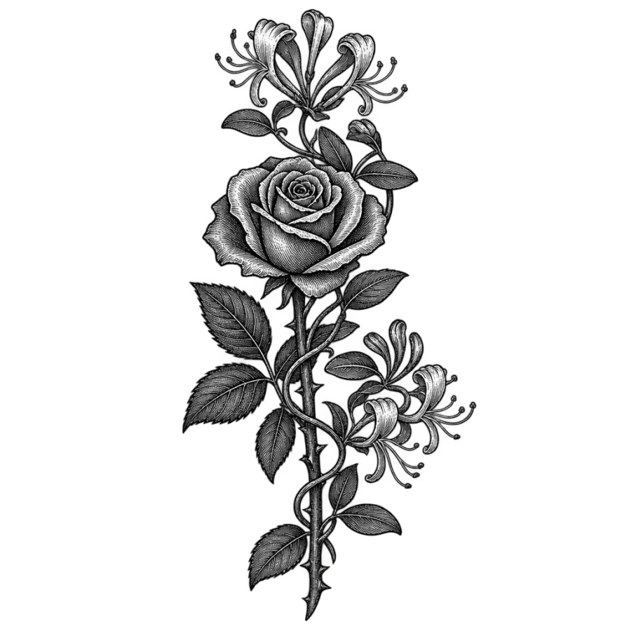 Engraved tattoo of a rose with honeysuckle vine twining up its stem