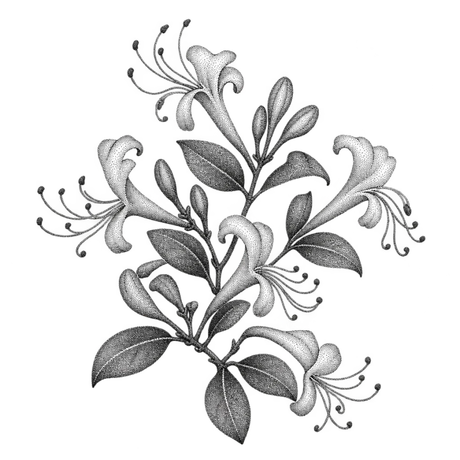 Dotwork tattoo of a honeysuckle spray with trumpet flowers and leaves
