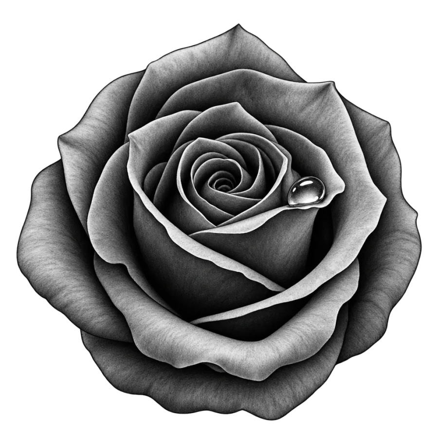 Black and grey realism tattoo of close rose petals with a dewdrop