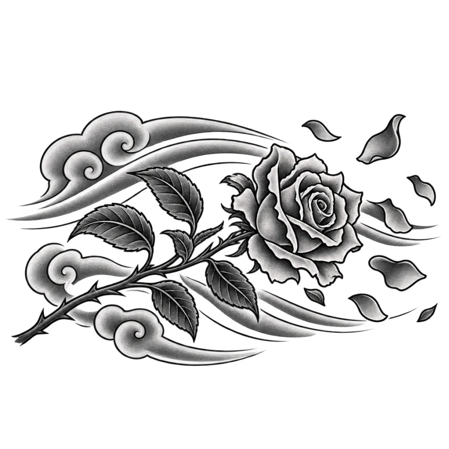 Japanese irezumi tattoo of a wind swept rose branch losing petals