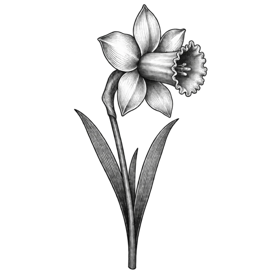 Engraved woodcut daffodil tattoo design in profile with crosshatched botanical shading
