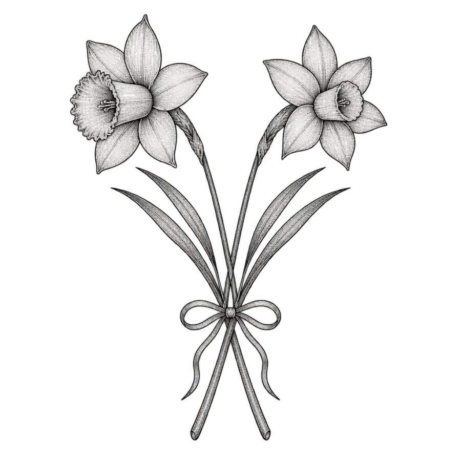 Fine line tattoo design of mirrored daffodil and jonquil stems tied with ribbon