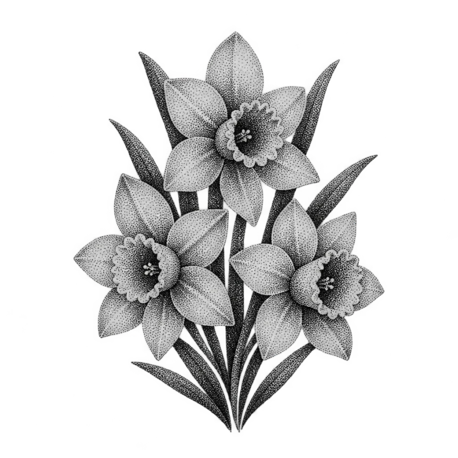 Dotwork stippled tattoo design of three jonquil blooms in a round cluster