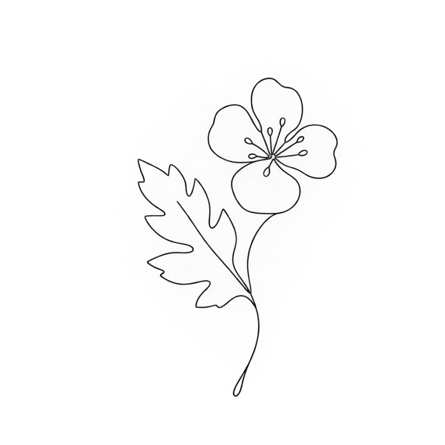 Single line tattoo of a hawthorn leaf and blossom in one stroke