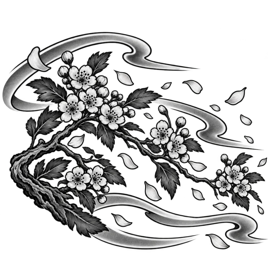 Japanese irezumi tattoo of a hawthorn branch bending with blowing petals