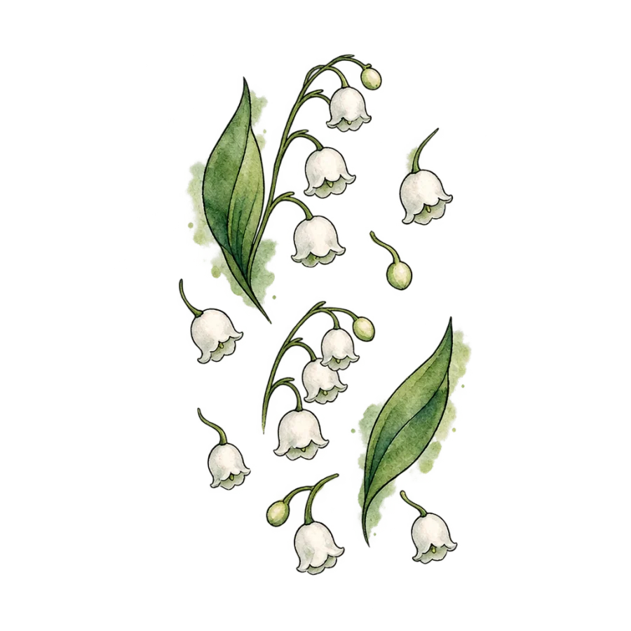 Watercolor tattoo of scattered lily of the valley bells and leaves
