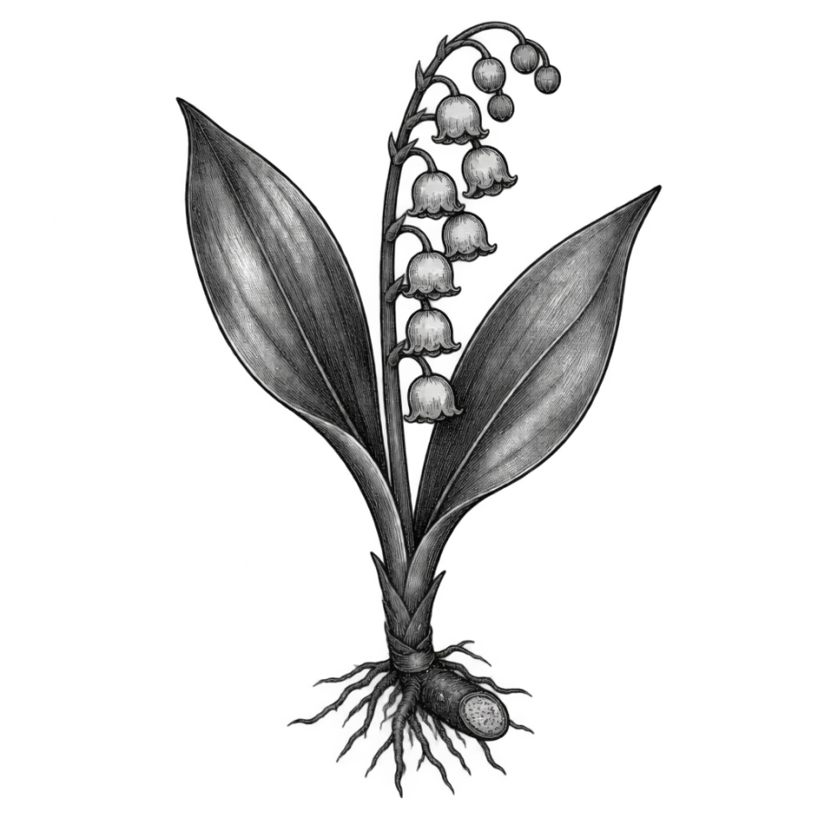 Engraved botanical plate tattoo design of a lily of the valley plant