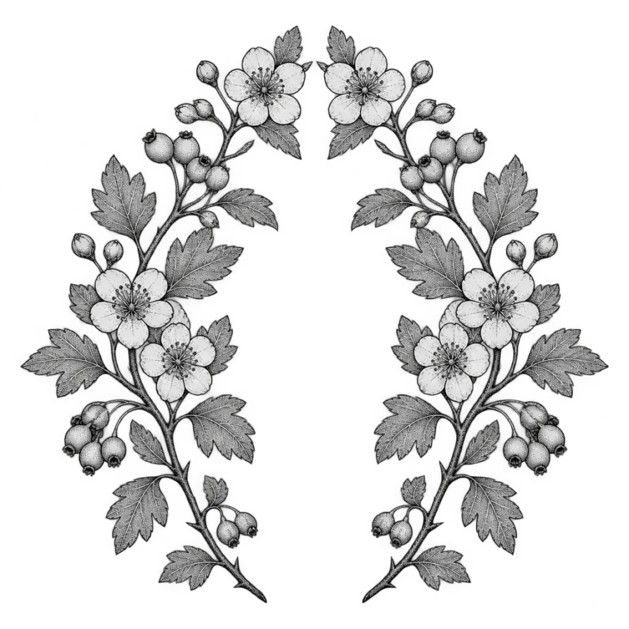 Fine line tattoo design of mirrored hawthorn branches with blossoms and berries