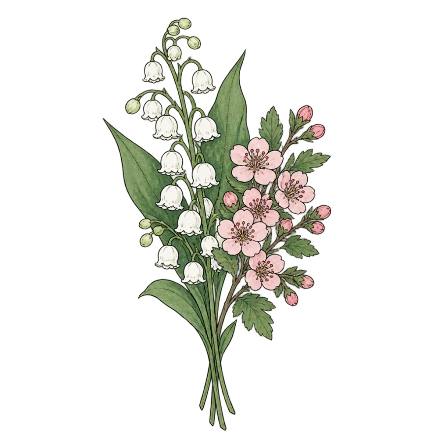 Watercolor tattoo design stacking lily of the valley and hawthorn blossom
