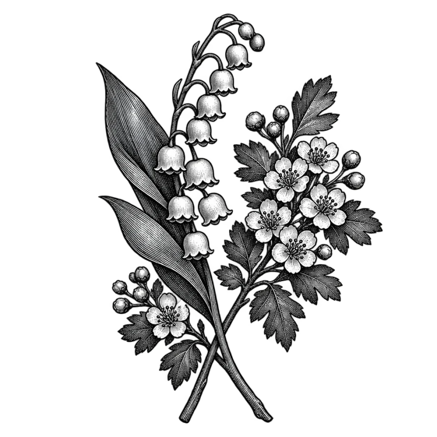 Engraved tattoo stacking lily of the valley and a flowering hawthorn branch