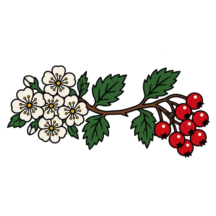 American traditional tattoo of a hawthorn branch with blossoms and berries