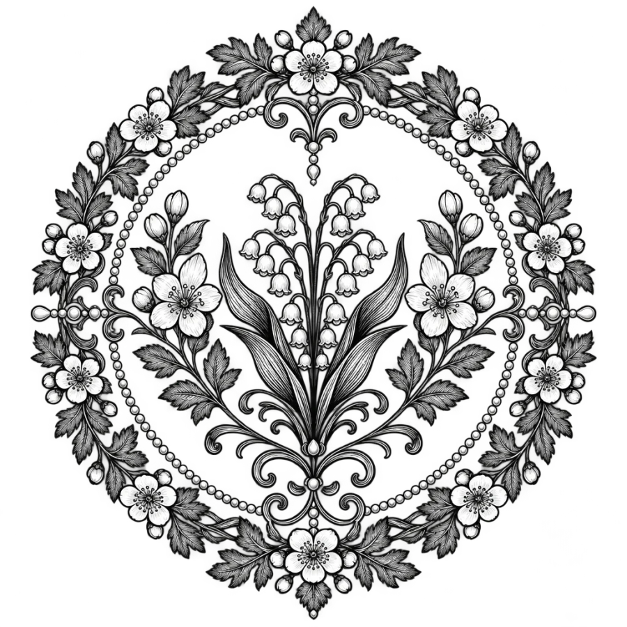 Filigree tattoo medallion of lily of the valley ringed with hawthorn blossom
