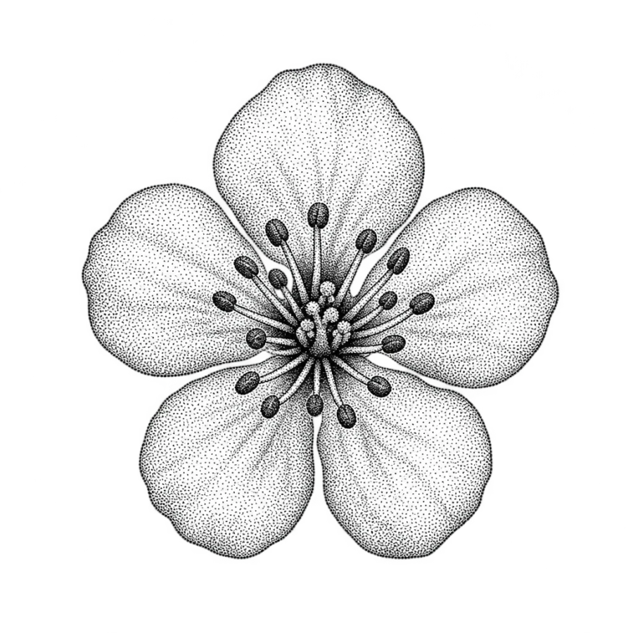 Dotwork tattoo of a single hawthorn blossom seen from above