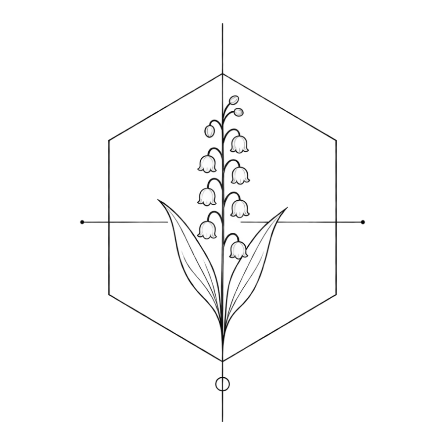 Geometric linework tattoo of lily of the valley inside a hexagon frame
