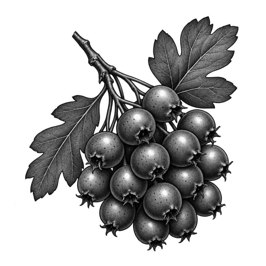 Black and grey realism tattoo of a ripe hawthorn berry cluster