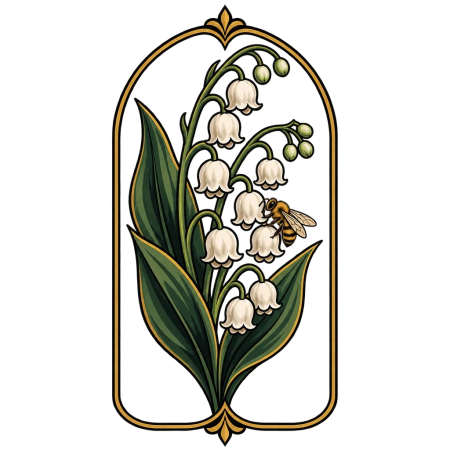 Neo traditional tattoo of lily of the valley and a bee in an arch