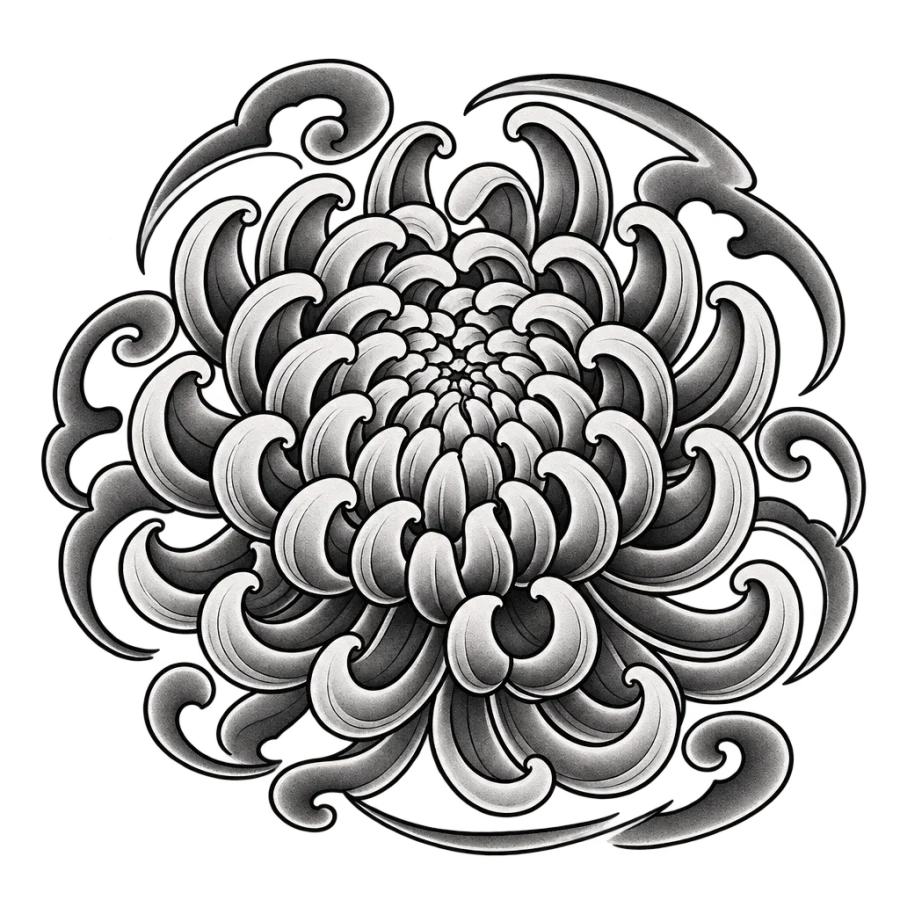 Japanese irezumi tattoo design of a chrysanthemum medallion with curling wind bars