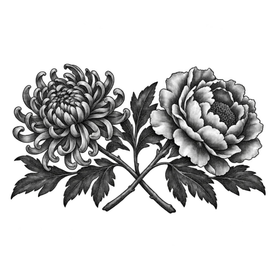 Engraved woodcut tattoo design pairing a chrysanthemum and a peony in one spray