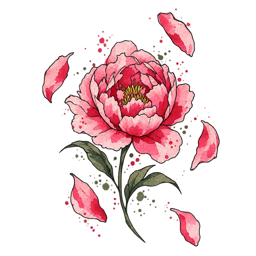 Watercolor tattoo design of a peony bloom with petals drifting loose