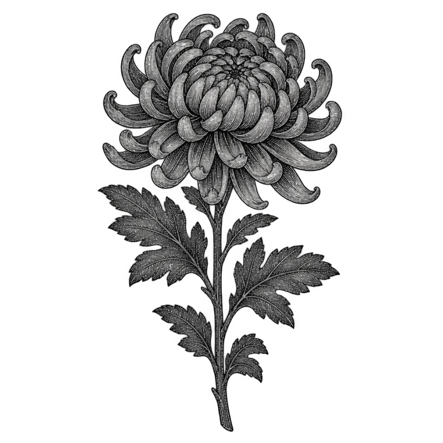 Engraved chrysanthemum tattoo design shaded with fine botanical hatching