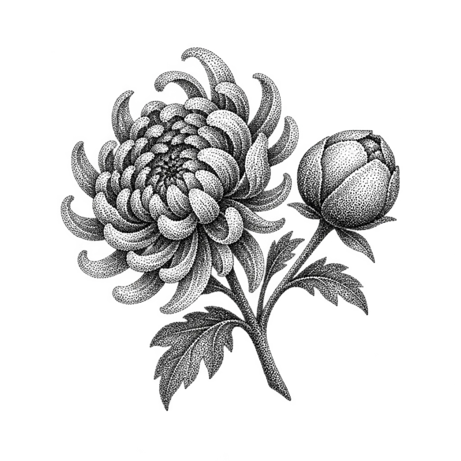 Dotwork chrysanthemum and peony bud tattoo design with no outlines