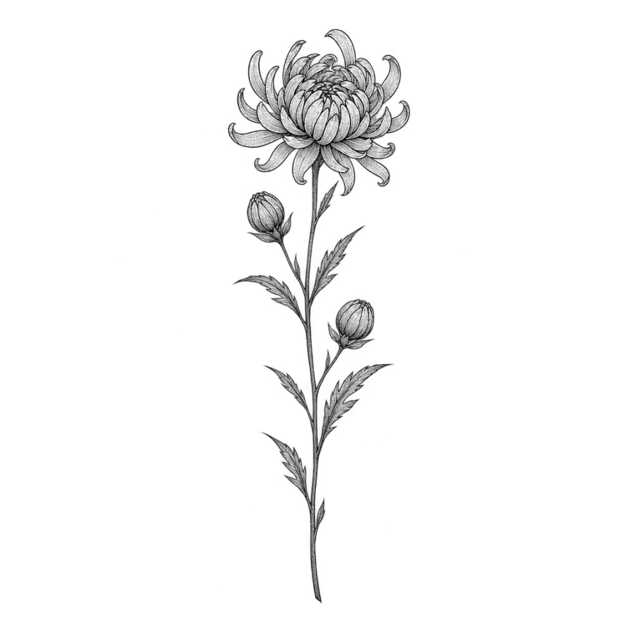 Fine line tattoo design of a tall chrysanthemum stem with buds and leaves