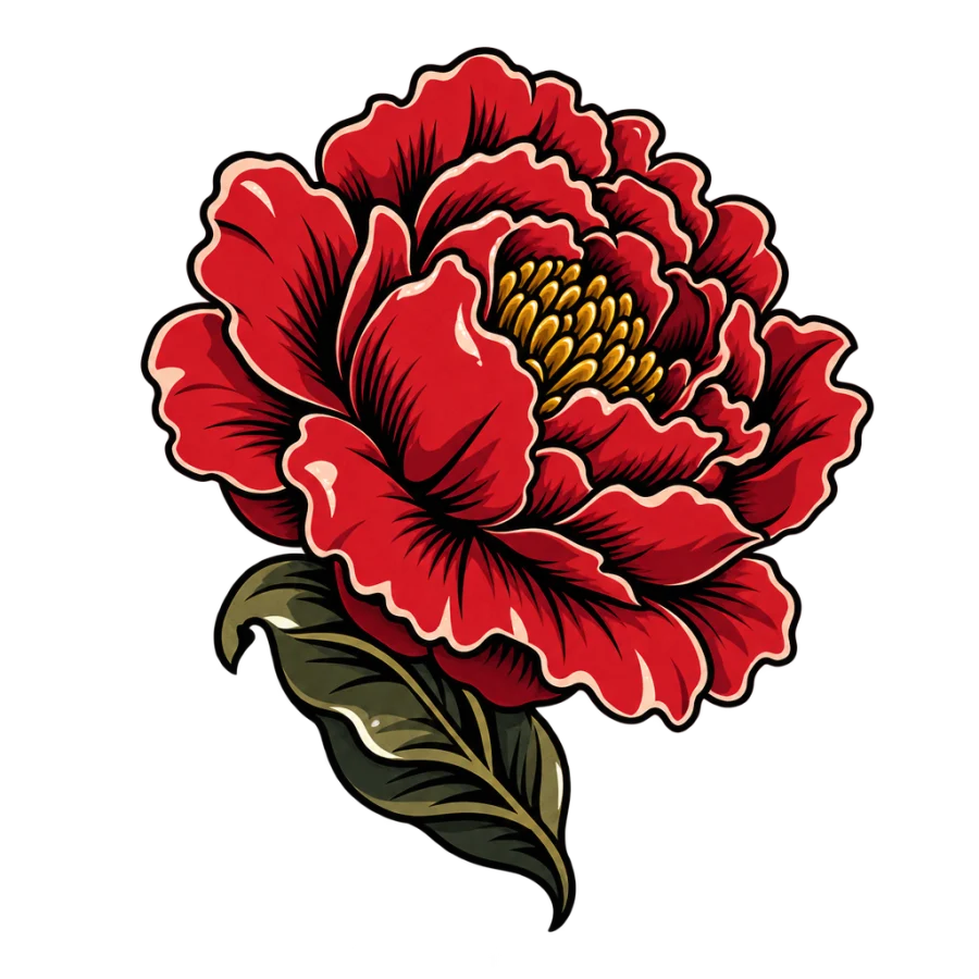 Neo traditional tattoo design of a ruffled peony bloom with a folded leaf
