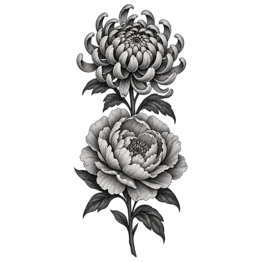 Black and grey realism tattoo design stacking a chrysanthemum above a peony