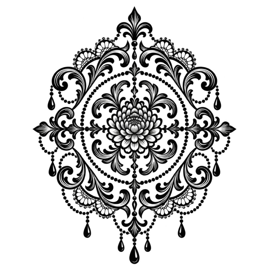 Ornamental filigree tattoo design of a chrysanthemum medallion with lace pendants