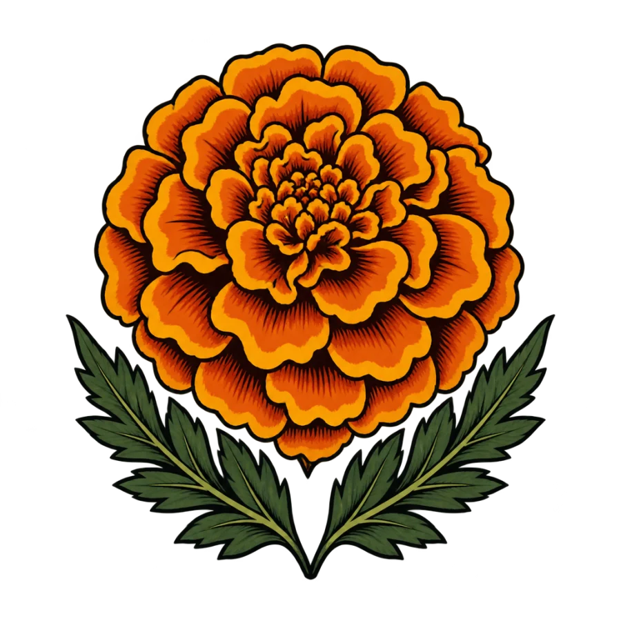 Neo traditional tattoo of a marigold in full bloom with ruffled petals