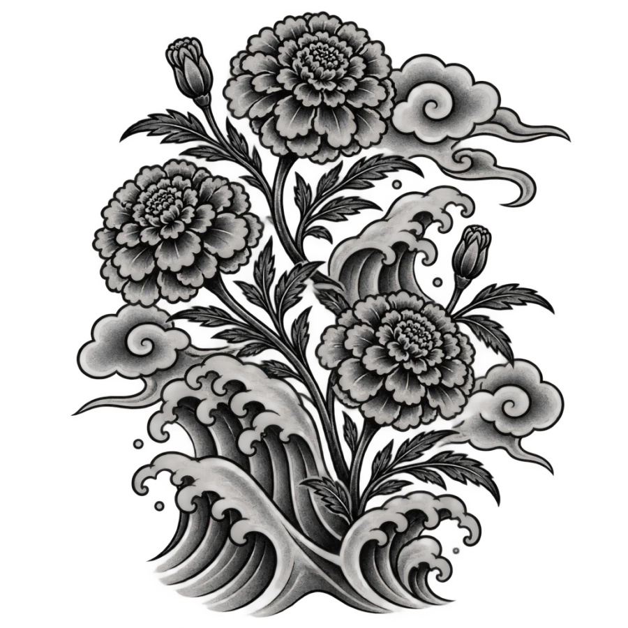 Japanese irezumi tattoo of three marigolds among waves and clouds