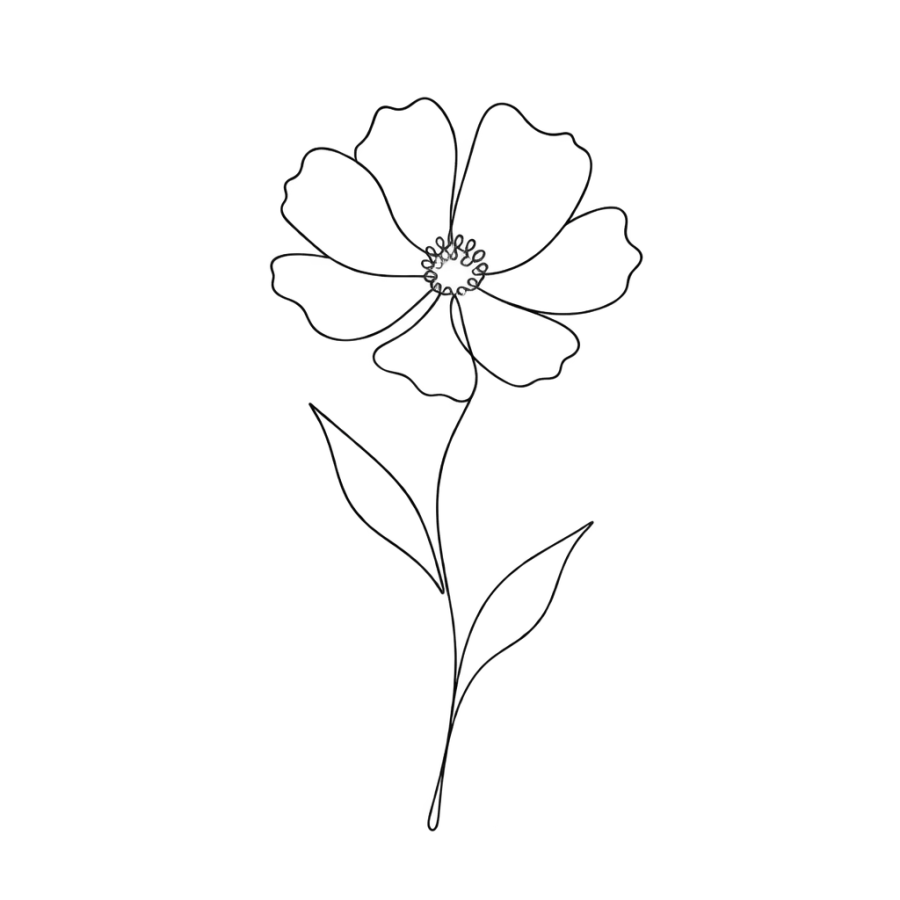 Minimalist single line tattoo of a cosmos flower with two leaves