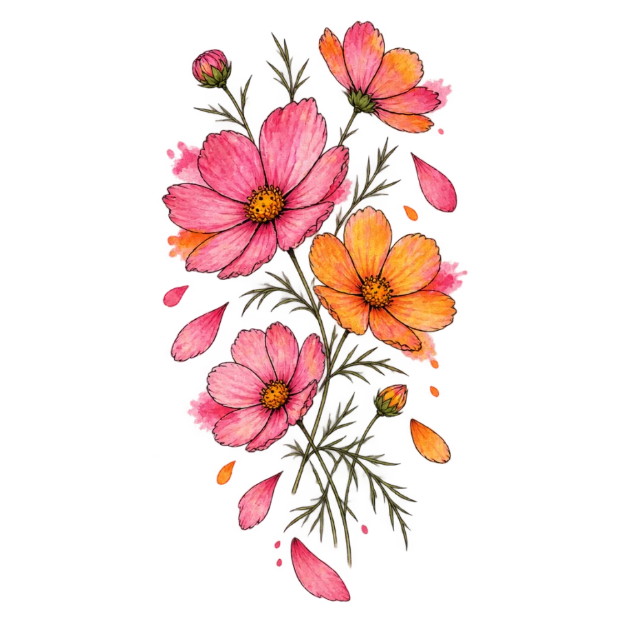 Watercolor tattoo of scattered cosmos blooms with falling petals