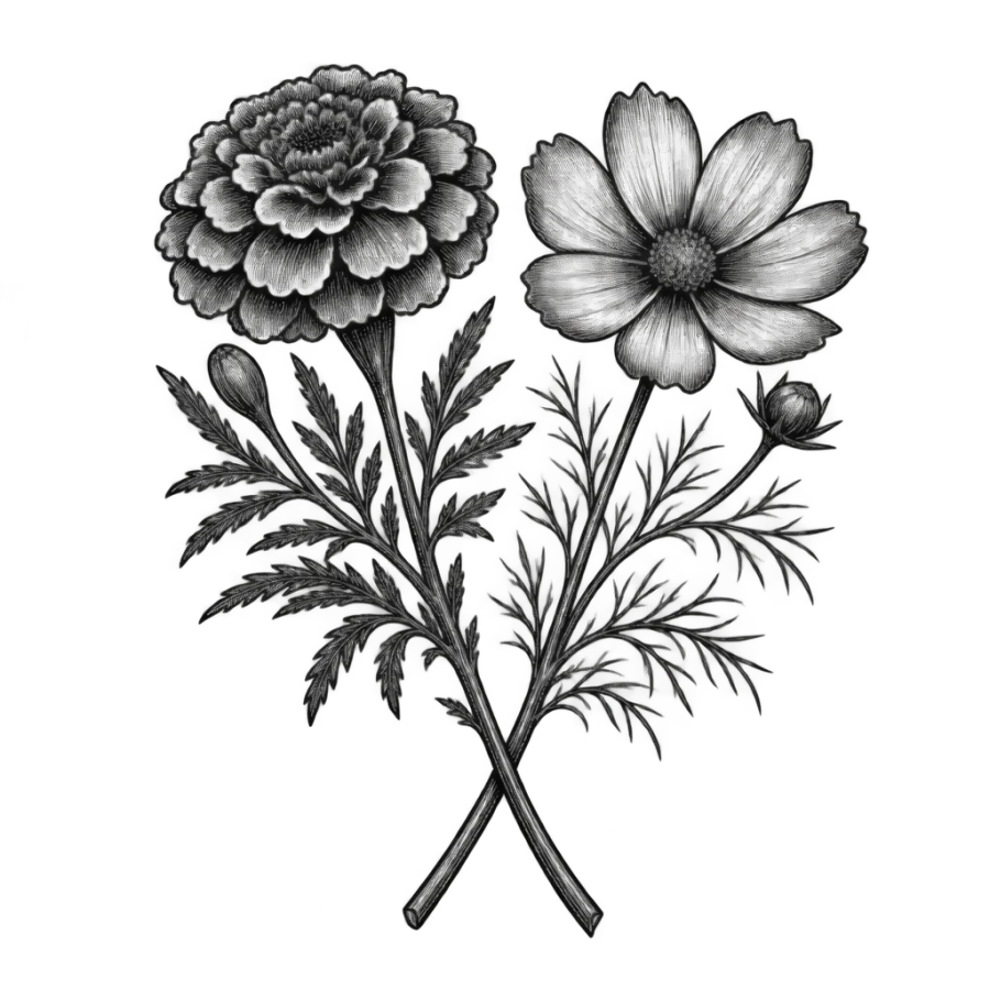 Engraved herbarium tattoo design of crossed October marigold and cosmos stems