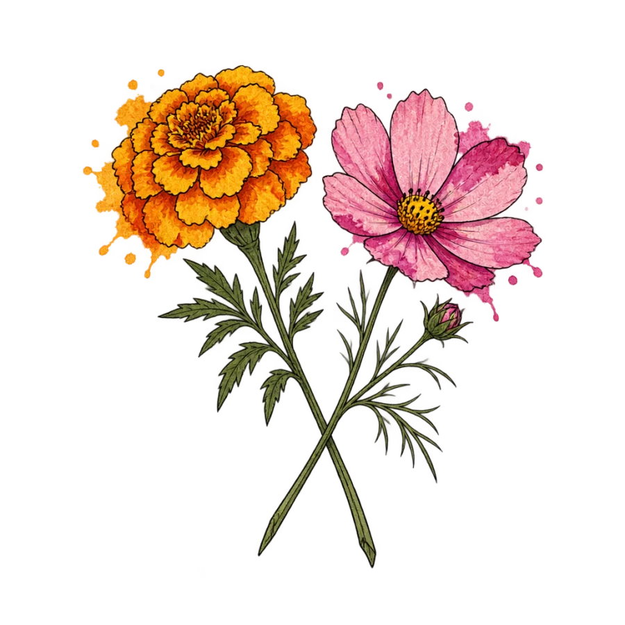 Watercolour tattoo design of a marigold and cosmos with washes past the petals