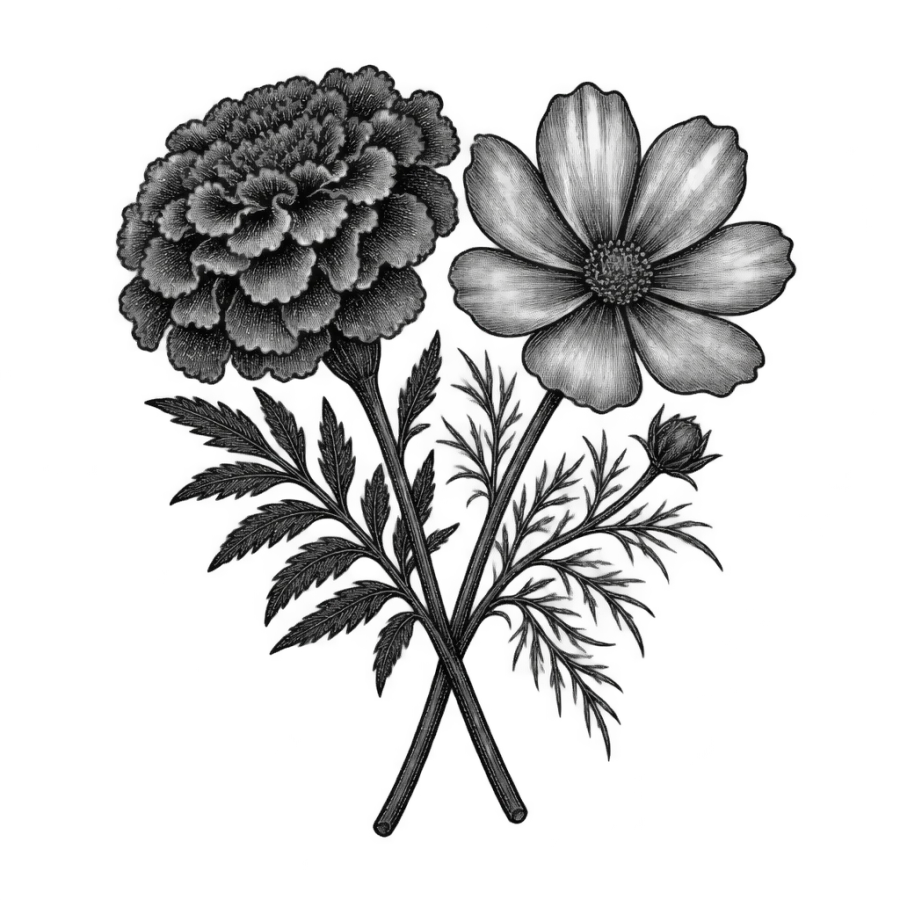 Engraved tattoo of a marigold and cosmos with crossed stems
