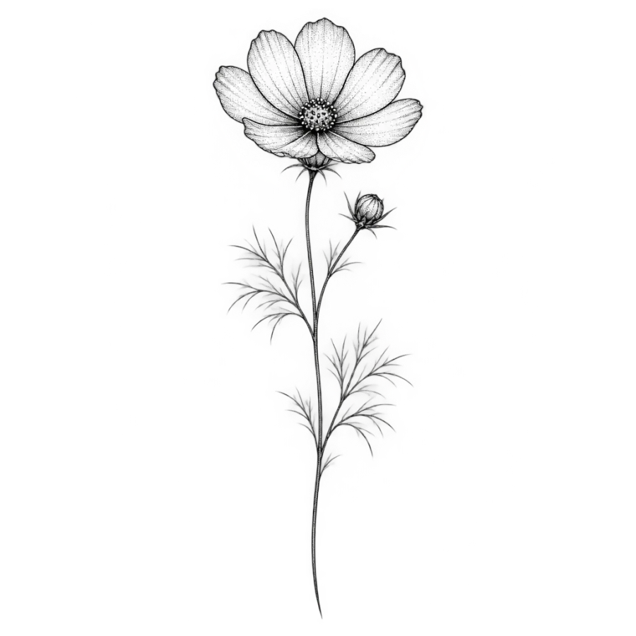 Fine line tattoo of a cosmos flower with threadlike feathery foliage