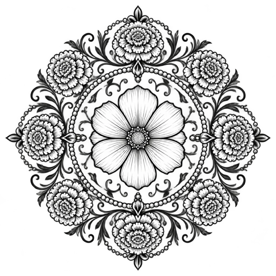 Filigree tattoo medallion of a cosmos ringed with marigold heads