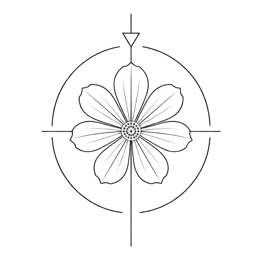 Geometric linework tattoo of a cosmos inside an open circle
